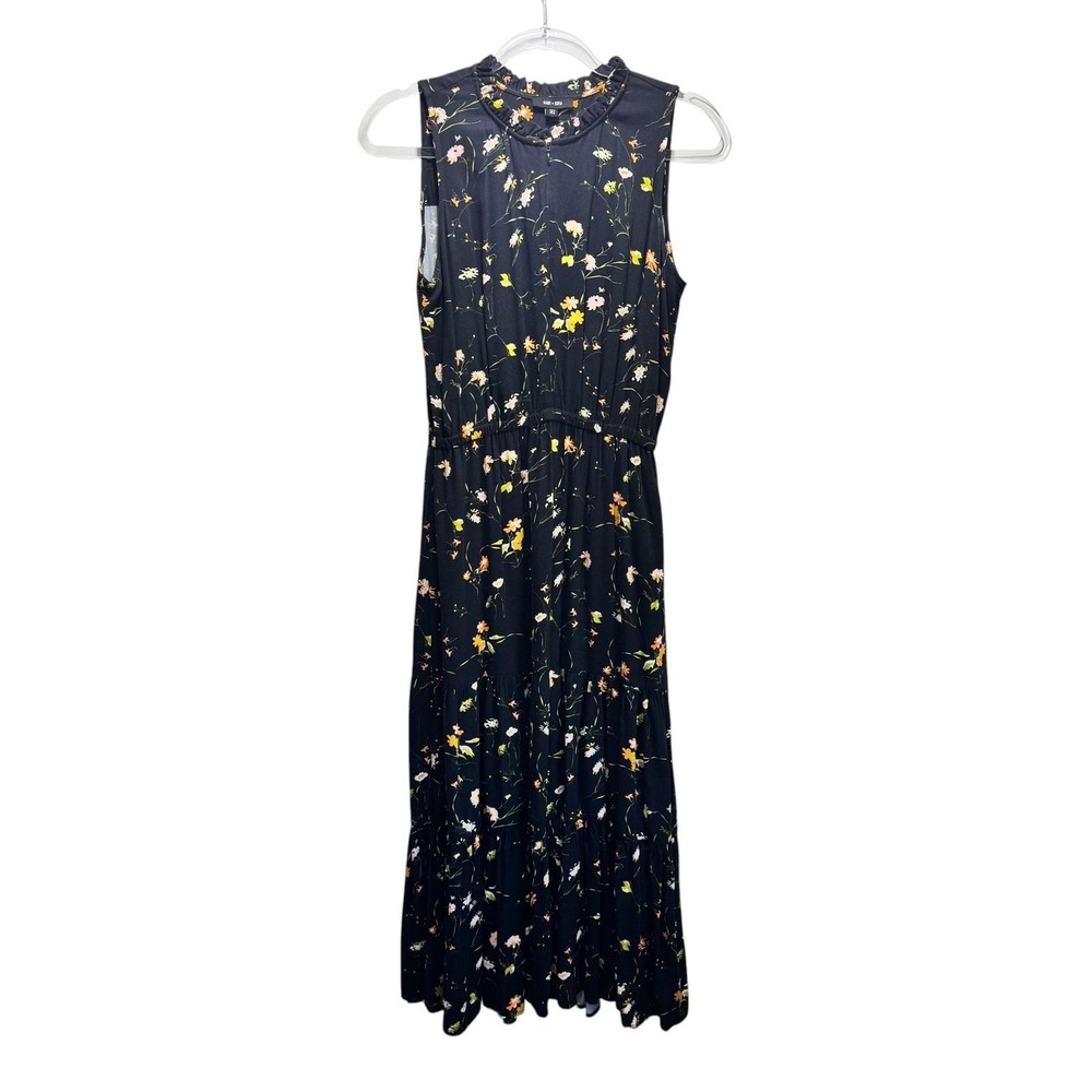 Saint + Sofia Orla Prairie Elastic Waist Boho Chic Floral Midi Dress 4 Black
